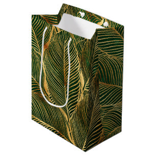 Gold Leaves Forest Green Elegant Pattern Medium Gift Bag