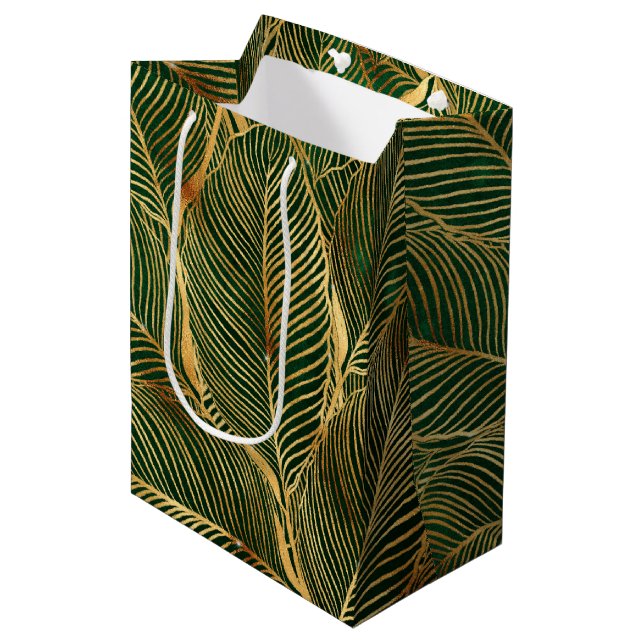 Gold Leaves Forest Green Elegant Pattern Medium Gift Bag (Front Angled)