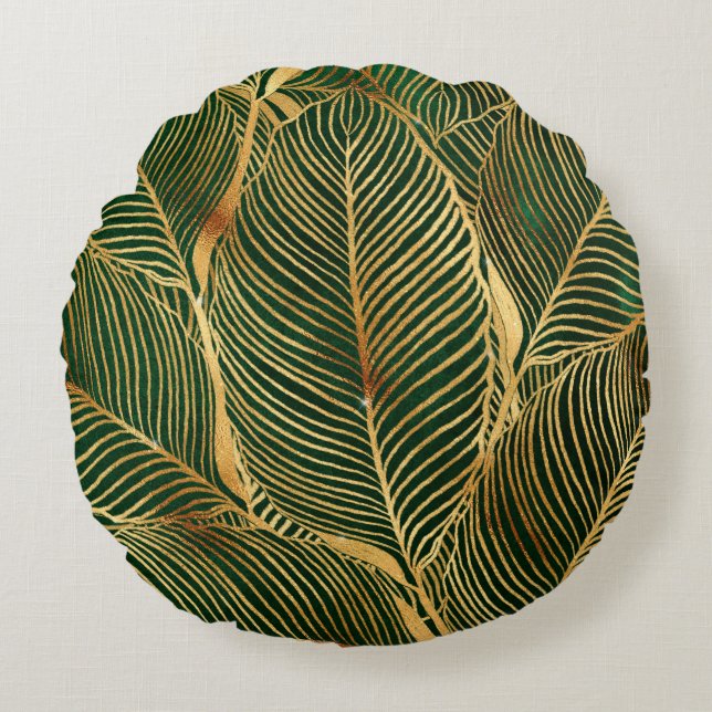 Gold Leaves Forest Green Elegant Pattern Round Cushion (Front)