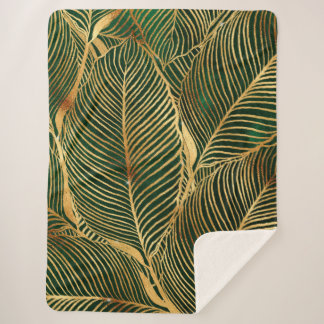 Gold Leaves Forest Green Elegant Pattern Sherpa Blanket
