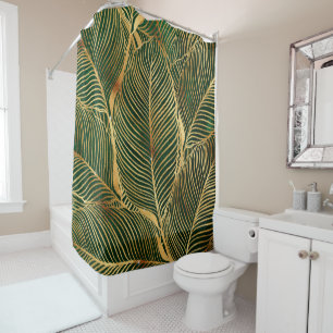 Gold Leaves Forest Green Elegant Pattern Shower Curtain