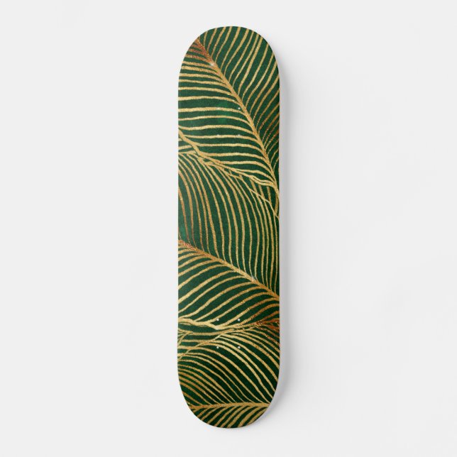 Gold Leaves Forest Green Elegant Pattern Skateboard (Front)