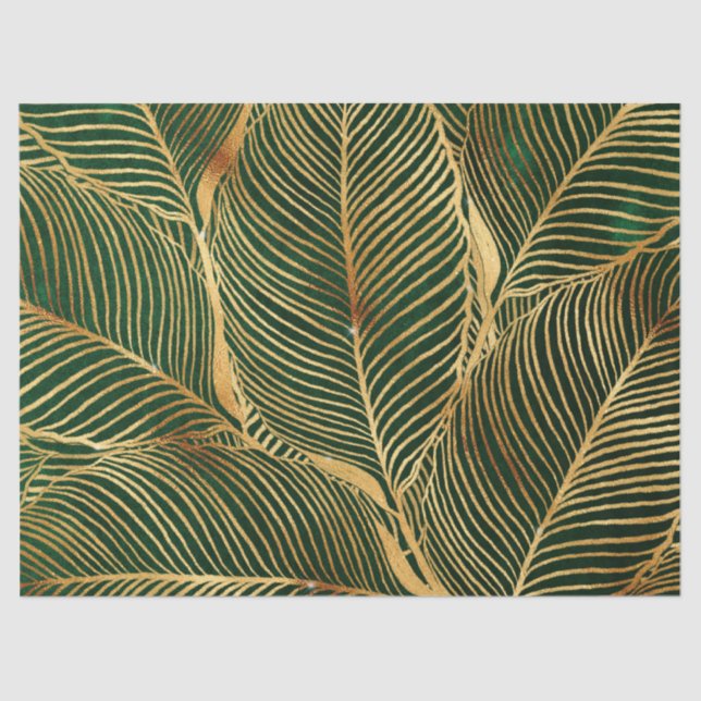 Gold Leaves Forest Green Elegant Pattern Tissue Paper (Front)