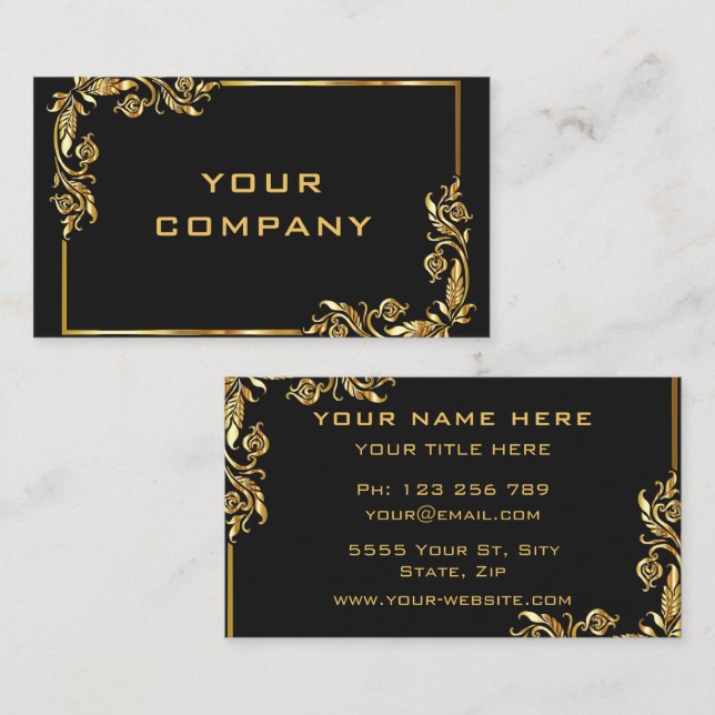 Gold Leaves Frame Golden Text Black Professional Business Card (Front/Back)