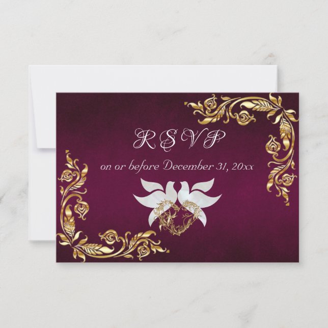 Gold Leaves Frame on Dark Purple RSVP Card (Front)