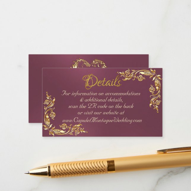 Gold Leaves Frame on Purple, QR Code Enclosure Card (Front/Back In Situ)