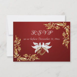 Gold Leaves Frame on Ruby Red RSVP Card