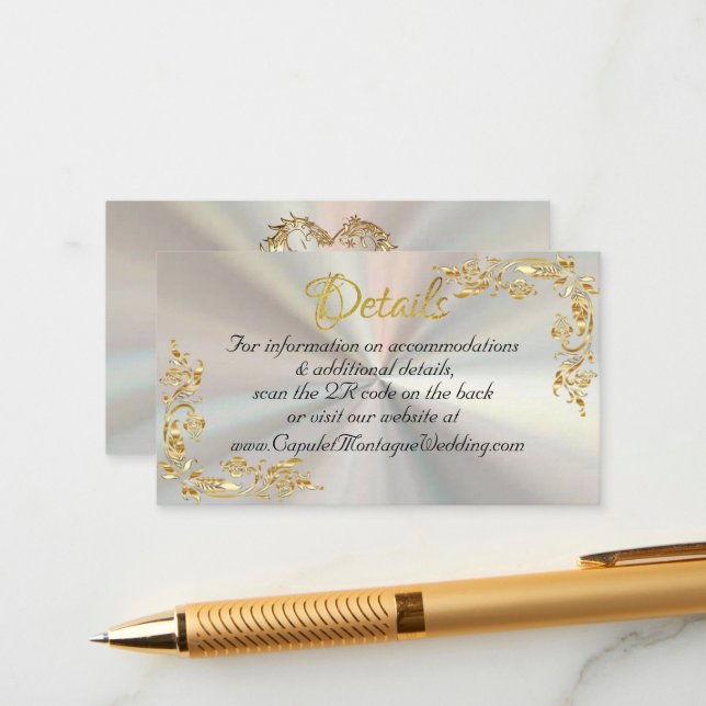 Gold Leaves Frame on White Pearl, QR Code Enclosure Card (Front/Back In Situ)