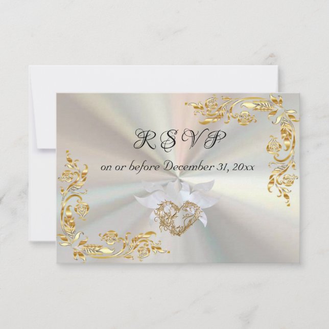 Gold Leaves Frame on White Pearl RSVP Card (Front)