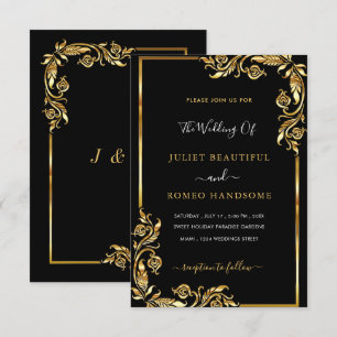 Gold Leaves Framed Black Wedding Invitation