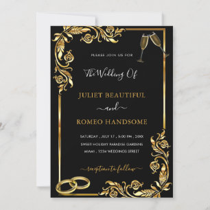 Gold Leaves Framed Golden Black Wedding Invitation