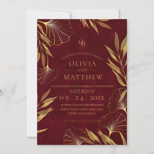 Gold Leaves / Gold and Burgundy Wedding Invitation (Front)