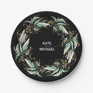 Gold Leaves Greenery Black Wedding Paper Plate