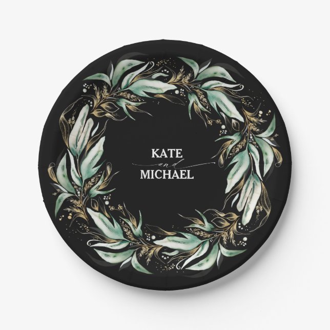 Gold Leaves Greenery Black Wedding Paper Plate (Front)