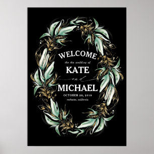 Gold Leaves Greenery Black Wedding Welcome Poster