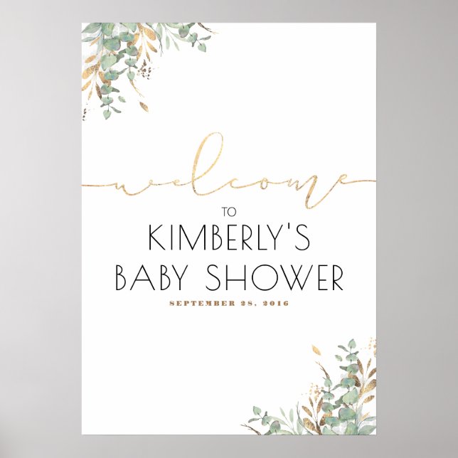 Gold Leaves Greenery Elegant Baby Shower Welcome Poster (Front)