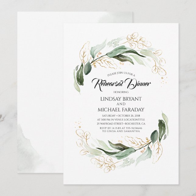 Gold Leaves Greenery Elegant Rehearsal Dinner Invitation (Front/Back)