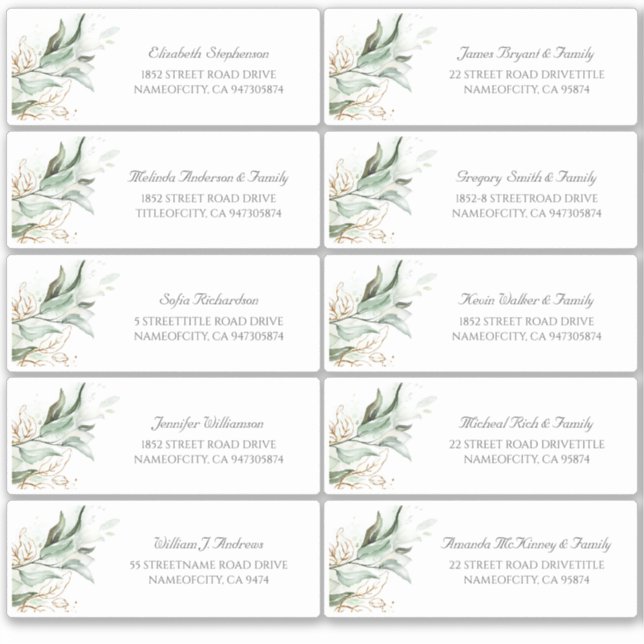 Gold Leaves Greenery Guest Names Address Labels (Front)