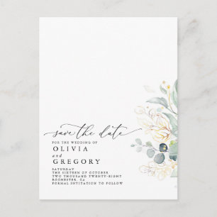 Gold Leaves Greenery Modern Elegant Save the Date Announcement Postcard