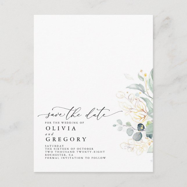 Gold Leaves Greenery Modern Elegant Save the Date Announcement Postcard (Front)