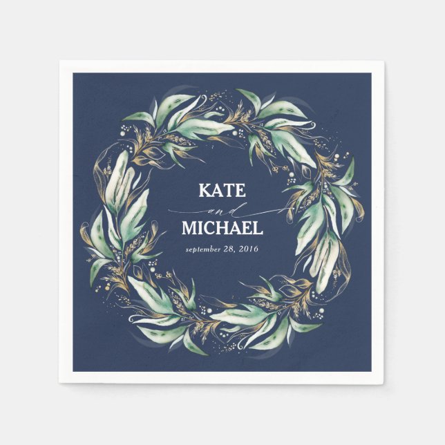 Gold Leaves Greenery Navy Blue Wedding Napkin (Front)