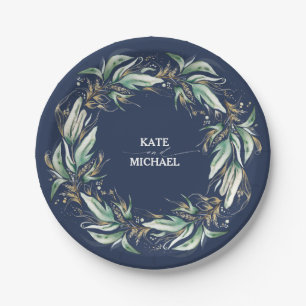 Gold Leaves Greenery Navy Blue Wedding Paper Plate