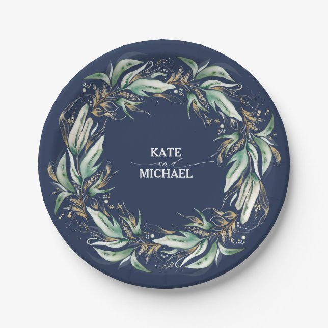 Gold Leaves Greenery Navy Blue Wedding Paper Plate (Front)