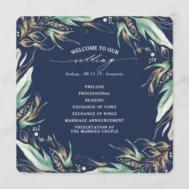 Gold Leaves Greenery Navy Blue Wedding Programme (Front)