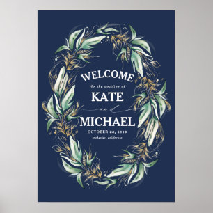 Gold Leaves Greenery Navy Blue Wedding Welcome Poster