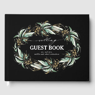 Gold Leaves Greenery Wreath Black Wedding Guest Book
