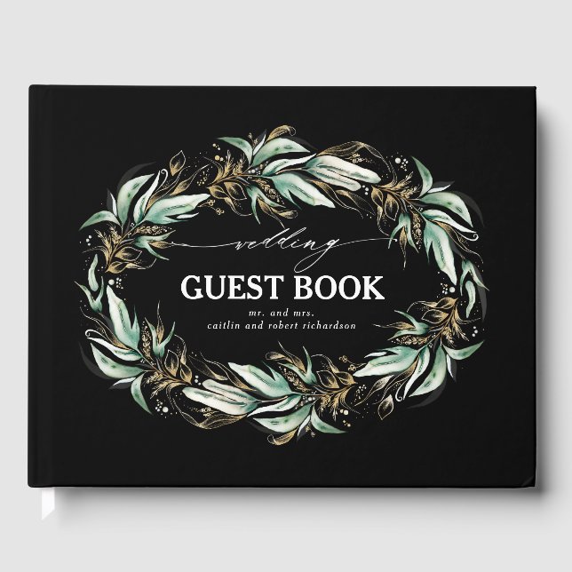 Gold Leaves Greenery Wreath Black Wedding Guest Book (Front)