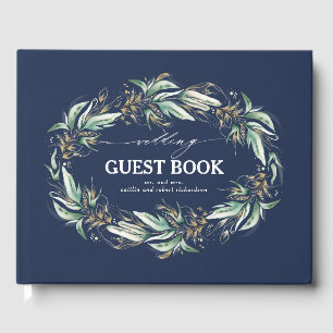 Gold Leaves Greenery Wreath Navy Blue Wedding Guest Book