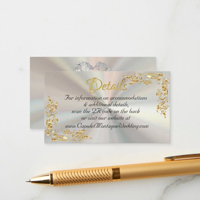 Gold Leaves, Heart on White Pearl, QR Code Enclosure Card (Front/Back In Situ)