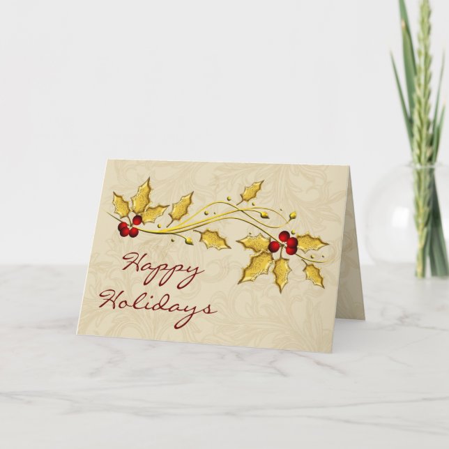 gold leaves holly berries Corporate holiday Cards (Front)