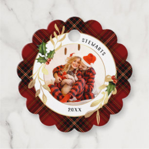 Gold Leaves, Holly & Photo on Christmas Tartan Favour Tags