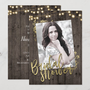Gold Leaves Lights Rustic Dark Wood Bridal Shower Invitation