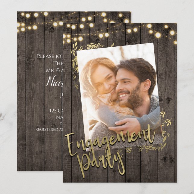Gold Leaves Lights Rustic Dark Wood Engagement Invitation (Front/Back)
