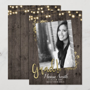 Gold Leaves & Lights Rustic Dark Wood Graduation Invitation