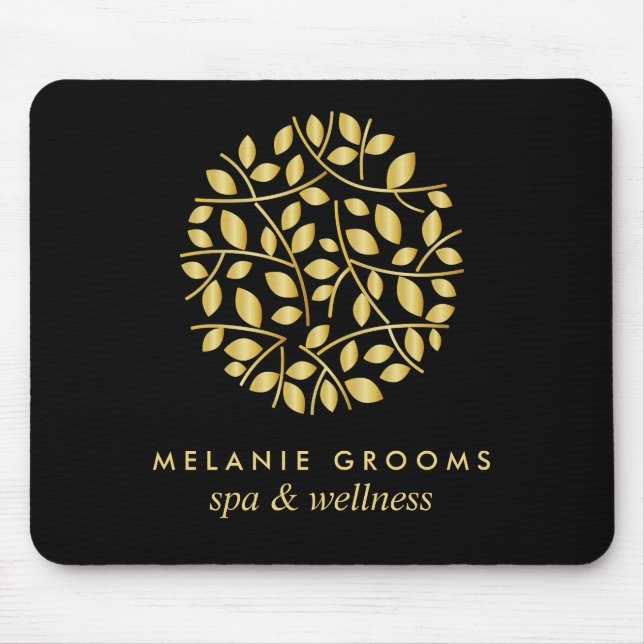 Gold leaves logo Black| Personalised add your name Mouse Mat (Front)