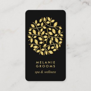 Gold leaves logo  Black   wellness  massage yoga Business Card