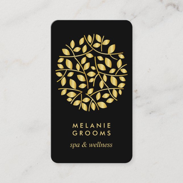 Gold leaves logo| Black | wellness  massage yoga Business Card (Front)