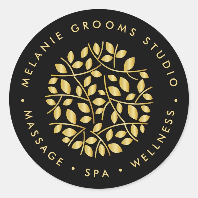 Gold leaves logo | Black wellness massage yoga spa Classic Round Sticker (Front)
