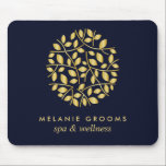 Gold leaves logo Blue | Personalised add your name Mouse Mat<br><div class="desc">Elegant business cards for massage studios, massage therapy, spas or wellness professionals feature a faux gold foil round arrangement of branches and leaves, Customise the front with two lines of custom text on modern blue background using the template. A chic design for any wellness industry or holistic health related profession...</div>