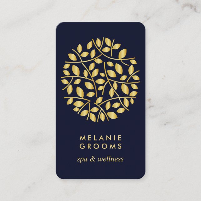 Gold leaves logo| Blue | wellness  massage yoga Business Card (Front)