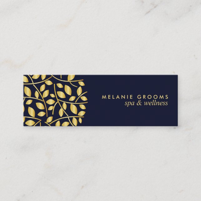 Gold leaves logo Blue | wellness spa massage yoga Mini Business Card (Front)