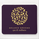 Gold leaves logo Purple Personalised add your name Mouse Mat<br><div class="desc">Elegant business cards for massage studios, massage therapy, spas or wellness professionals feature a faux gold foil round arrangement of branches and leaves, Customise the front with two lines of custom text on a rich purple background using the template. A chic design for any wellness industry or holistic health related...</div>