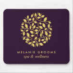 Gold leaves logo Purple Personalised add your name Mouse Mat<br><div class="desc">Elegant business cards for massage studios, massage therapy, spas or wellness professionals feature a faux gold foil round arrangement of branches and leaves, Customise the front with two lines of custom text on a rich purple background using the template. A chic design for any wellness industry or holistic health related...</div>