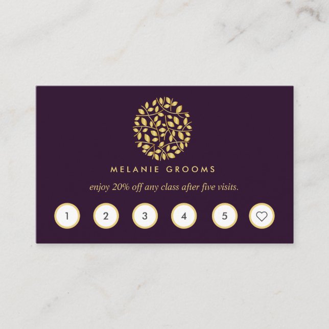 Gold leaves logo | Purple | wellness  massage yoga Business Card (Front)