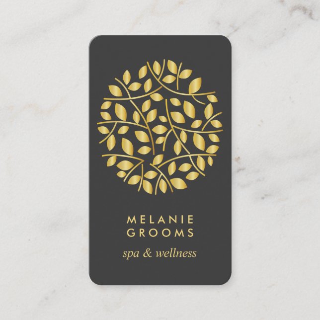 Gold leaves logo vertical wellness  massage yoga business card (Front)