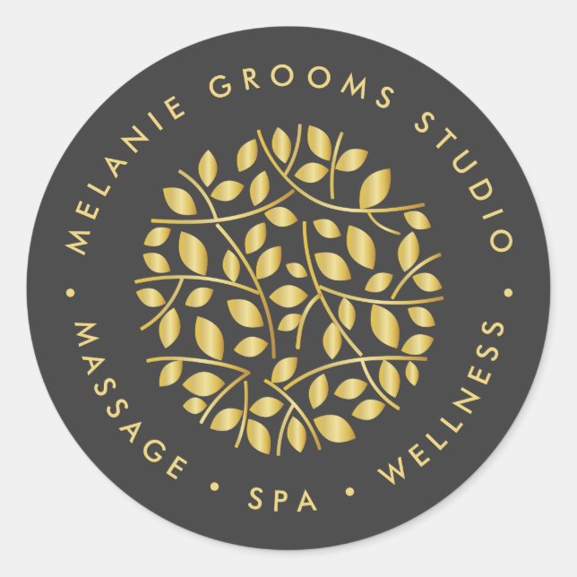 Gold leaves logo |  wellness  massage yoga spa classic round sticker (Front)